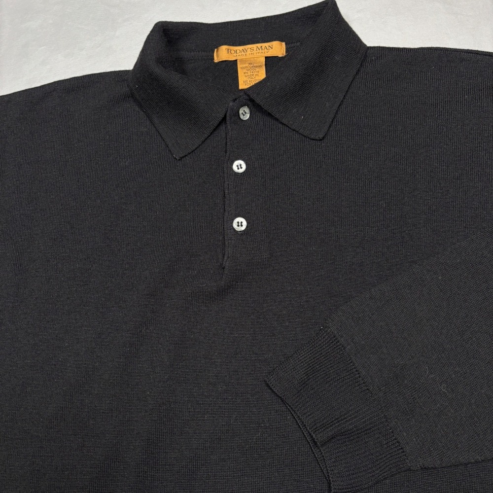 Today's Man Polo‎ Sweater Mens XL Black 100% Merino Wool Long Sleeve Italy